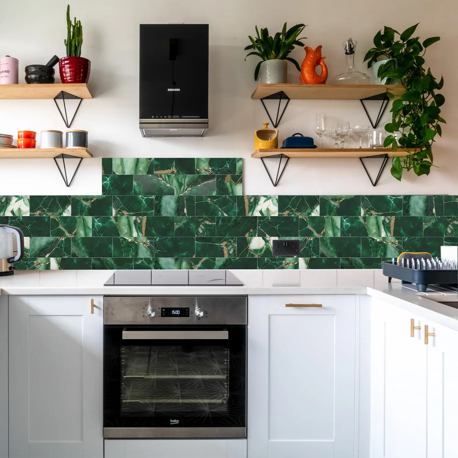 16PCS Green Marble Pattern Tiles Wall Sticker PET Thickened Foam Wallpaper Kitchen Backsplash Oil-proof Waterproof Wall Decals