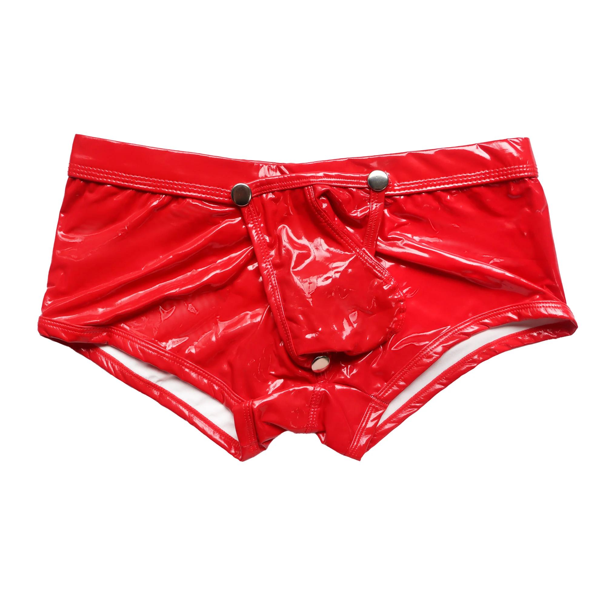 Men's Shiny Wet Look PVC Leather Boxer Shorts Button Removable Bulge Pouch Sexy Trunks Glossy Boxers Low Rise Male Sissy Panties