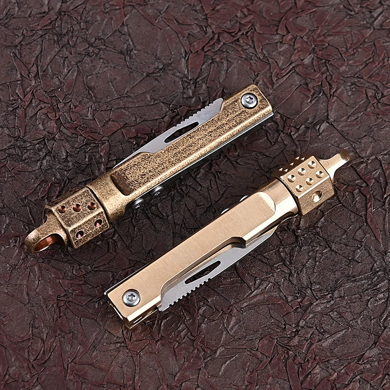 Brass Folding Knife With Dice Head Portable Keychain Mini Knife Outdoor EDC Multtool Camping Survival Cutter Unboxing Opener