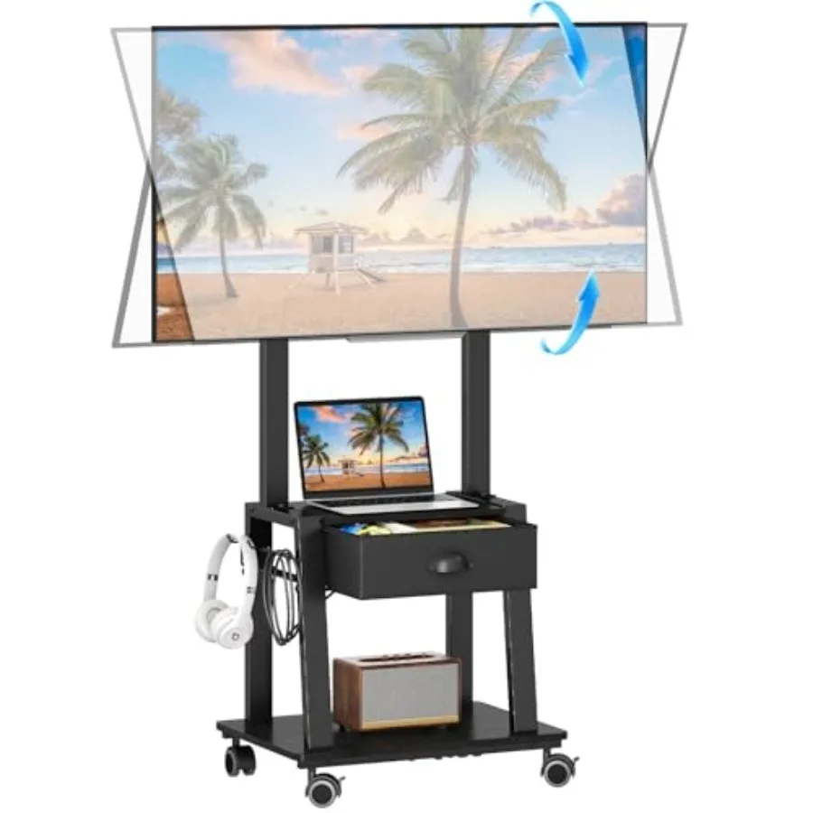 Mobile TV Stand with Drawer for 23-60 Inch TVsTilt Rolling TV Cart on Wheels with 2 Shelves Adjustable Height Portable TV Stand
