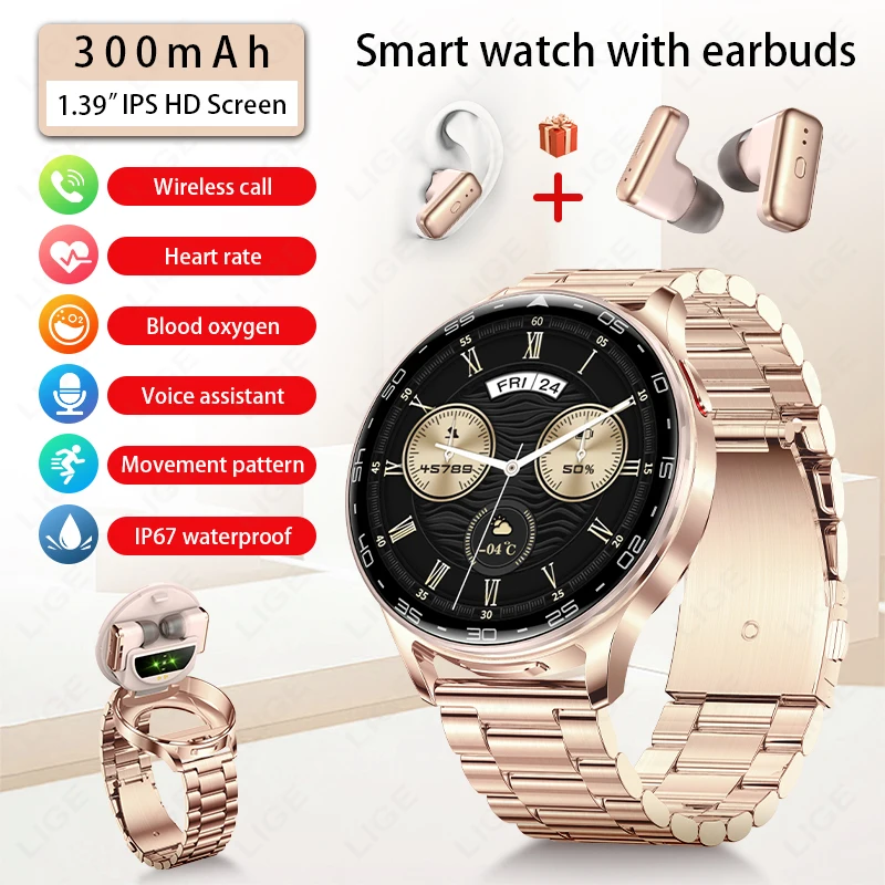 LIGE New TWS Smartwatch Earphone 2 In 1 Men Watches with Earbuds Strong Sound Effects Music Lover Waterproof Ladies Smartwatch