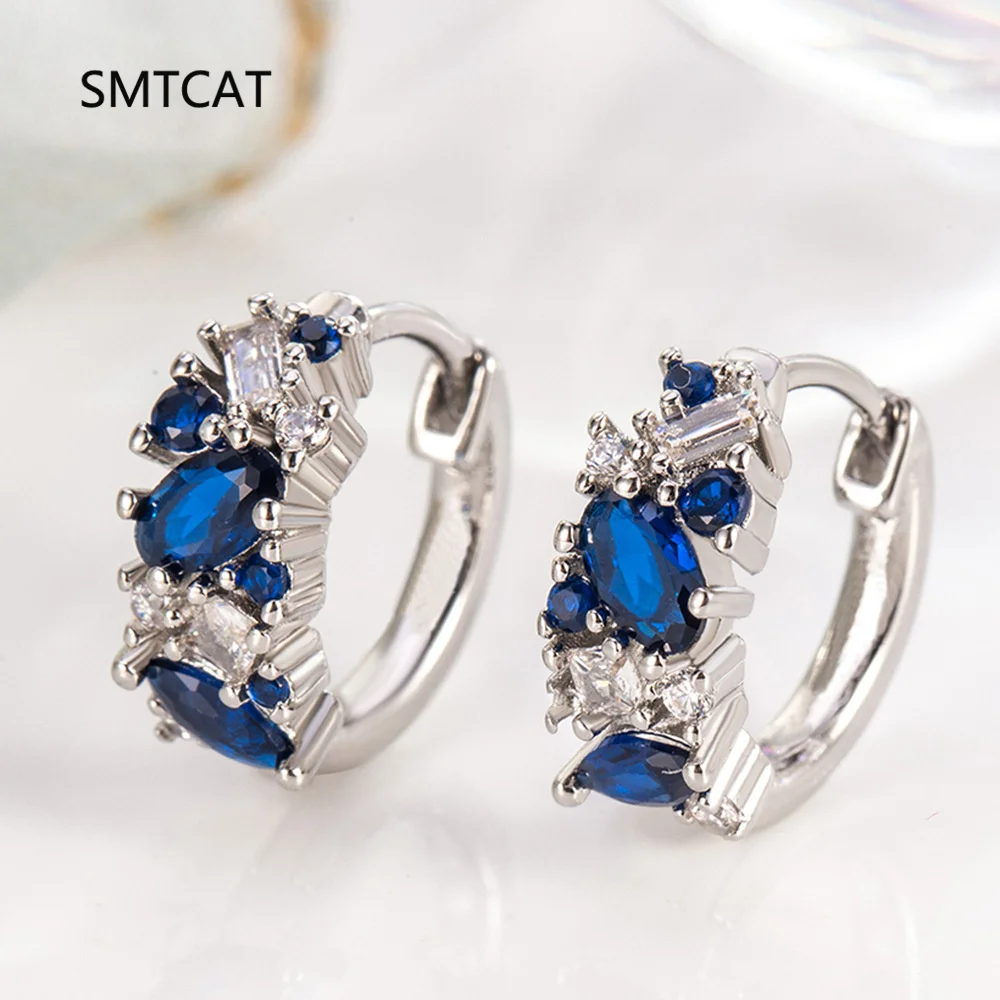 Oval Cut Created Blue Sapphire 925 Sterling Silver Geometric Hoop Earrings for Women Fashion Statement Gemstone Jewelry Huggies