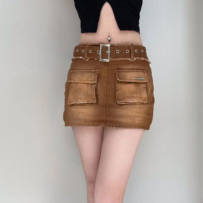 Cargo Mini Denim Skirt Belt Multi Pockets Streetwear High Waisted Women American Distressed Hot Girl'S Butt-Covering Short Skirt