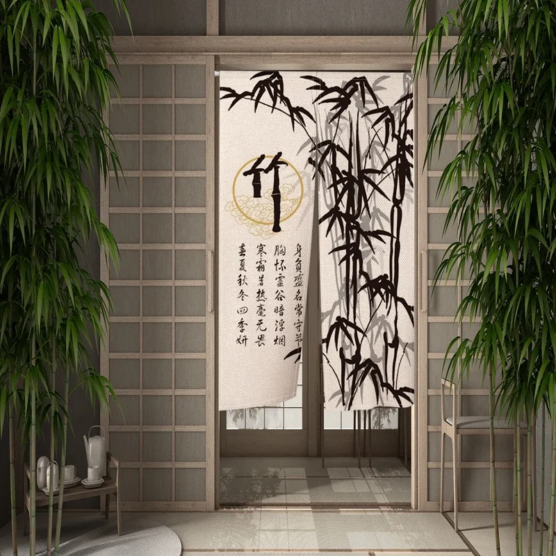 Chinese Traditional Bamboo Door Curtain Ink Painting Kitchen Dining Room Partition Curtains Drape Entrance Hanging Half-Curtain