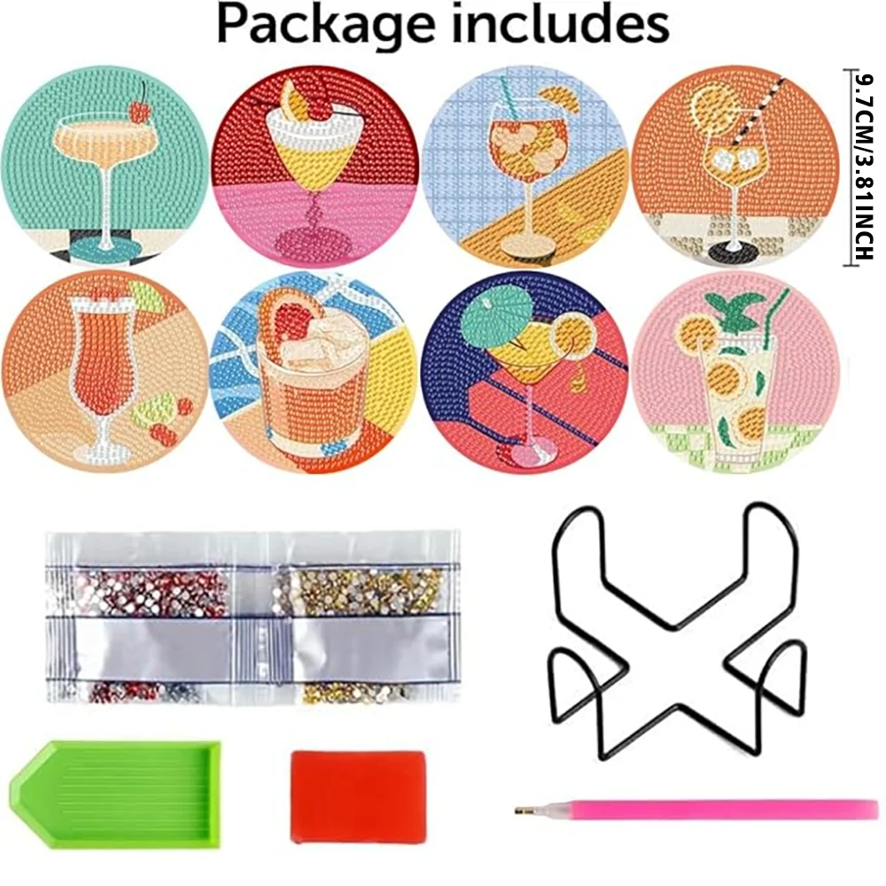 8 Pieces of Diamond Art Painting Coasters with Brackets, DIY Summer Beverage Pattern Series Diamond Art Coasters, Suitable for a