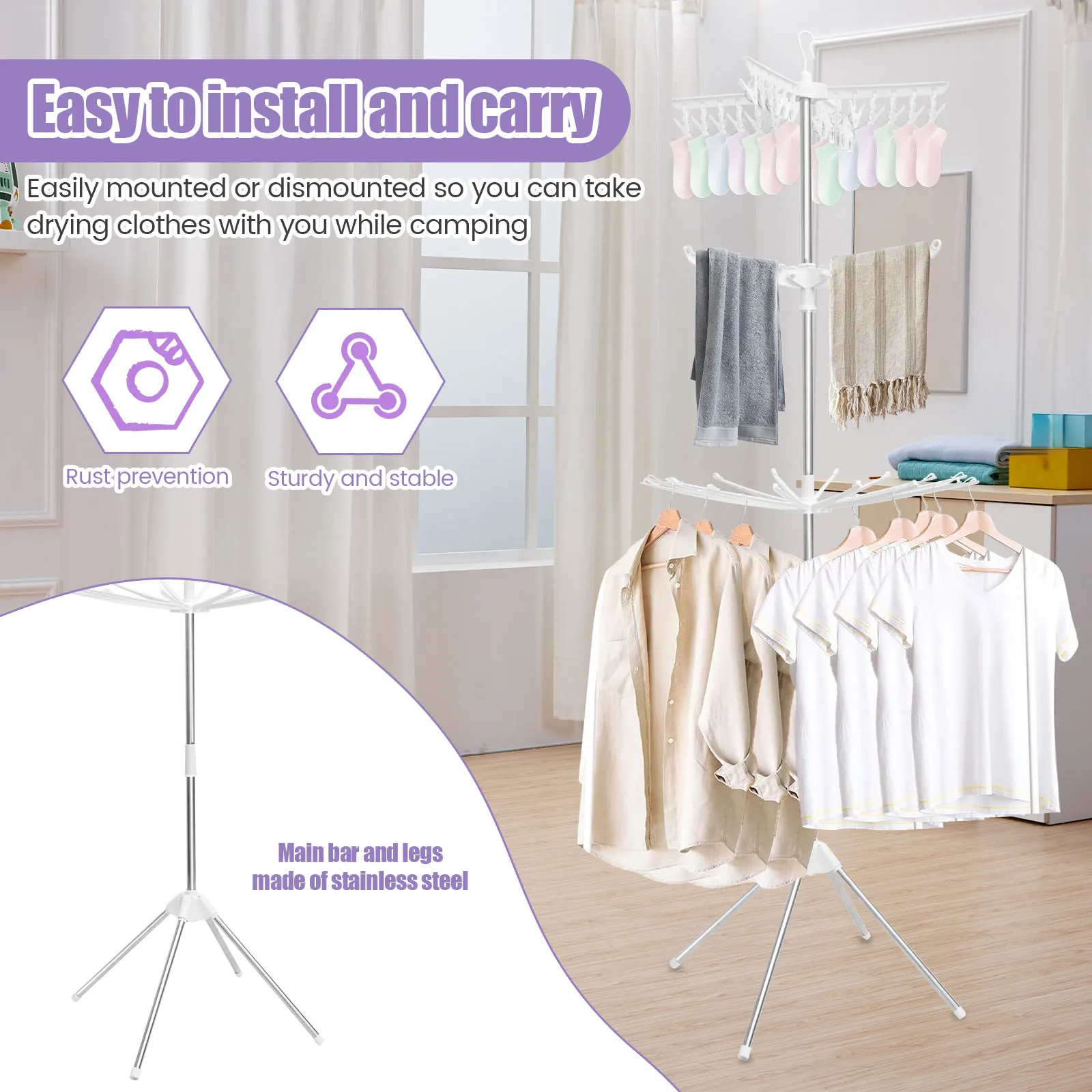 3-Tier Clothes Drying Rack Collapsible Laundry Drying Rack with Rotatable Arms 24 Clips Large Clothes Drying Tree for Balcony