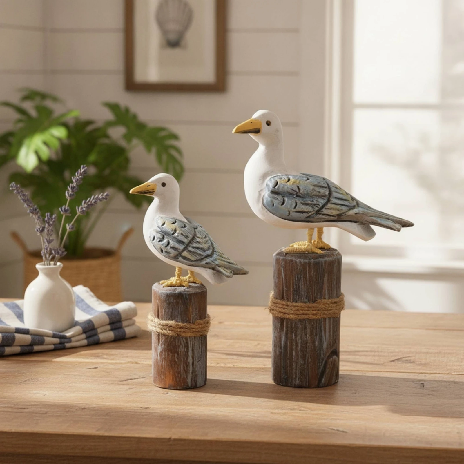 2 Pieces Seagull Ornament with Rope Handmade Seagull on Stump Sea Bird Figurine Handmade Statue Distressed for Tabletop