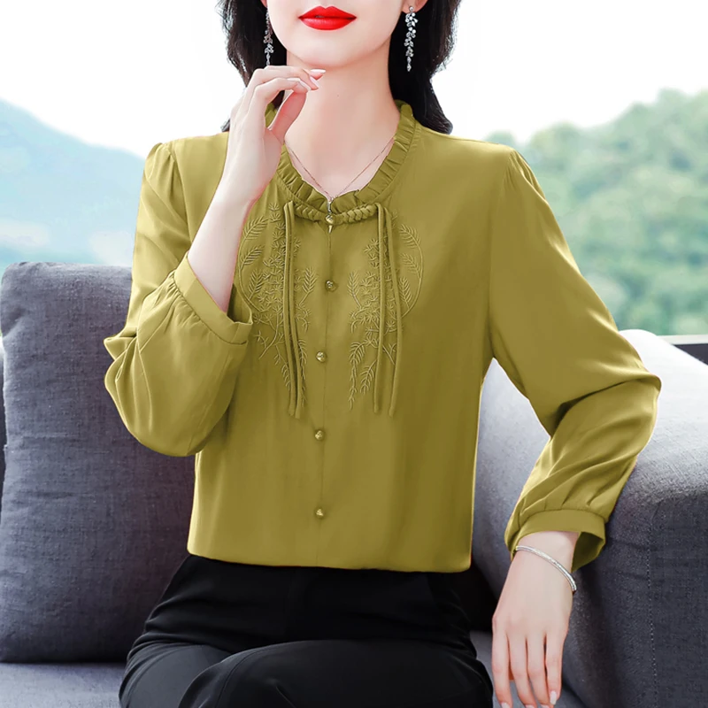 Imagem -03 - Camisa de Linho de Algodão Estética Feminina Monocromática Botão Listrado Solta Casual Bordado Chique Elegante Moda Novo Primavera 2023