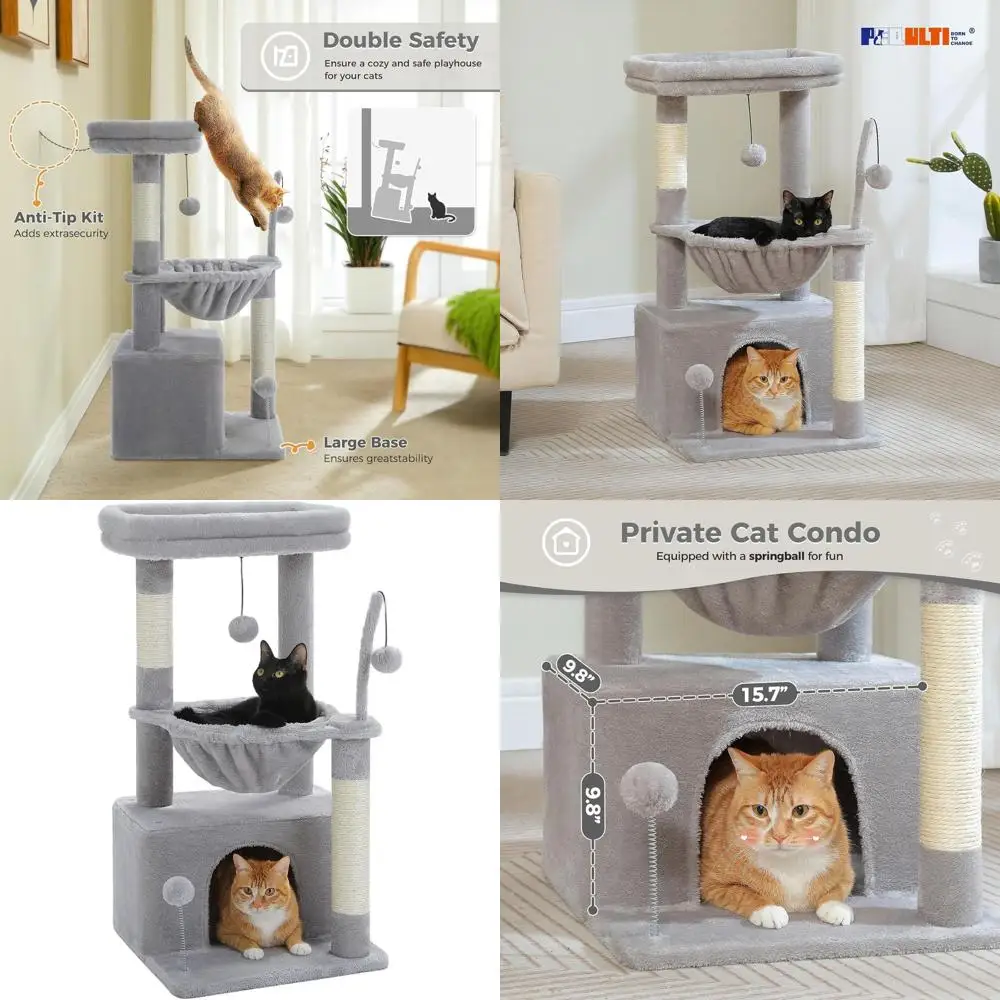 

Кошачья игровая стойка-башня 4-в-1 для дома, высотой 33 дюйма, с большим домиком, когтеточкой, глубоким гамаком и уютной лежанкой, серая