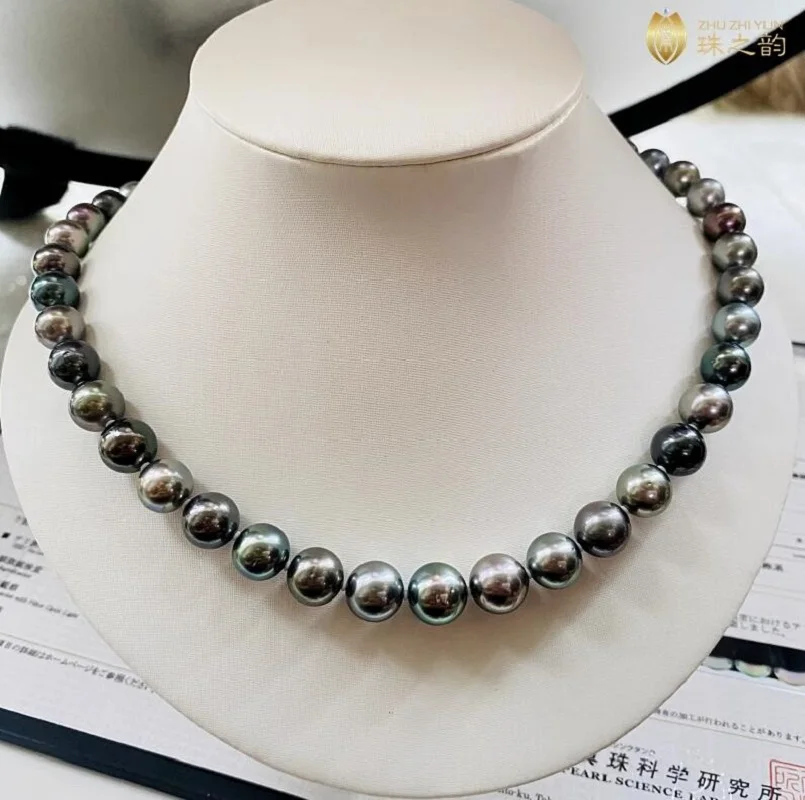 AAAAA LUSTER 11-12mm REAL Tahitian Black Round Pearl Necklace 14k Gold Buckle