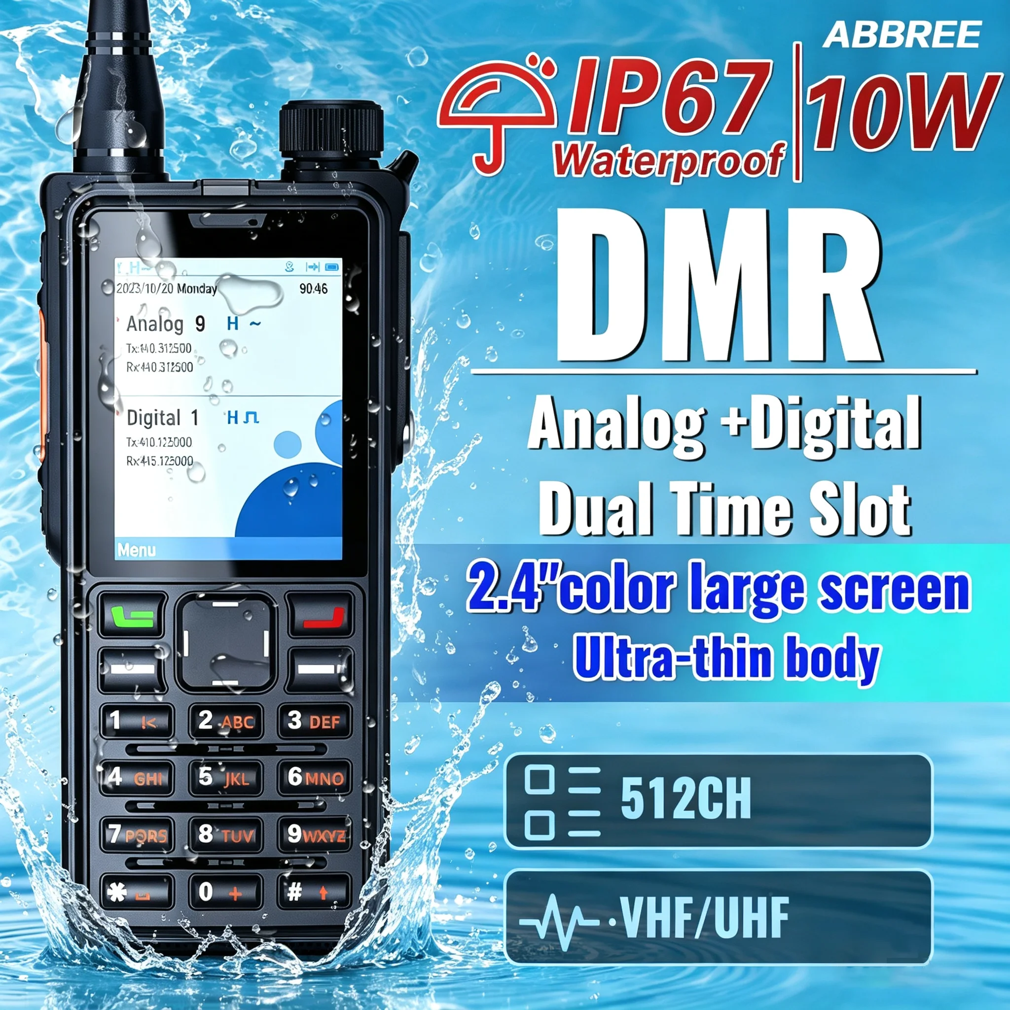 ABBREE DMR Digital Radio AR-880 IP67 Waterproof Walkie Talkie 10W Dual Mode Band VHF UHF Transceiver Dual Time Slot Ham Radio