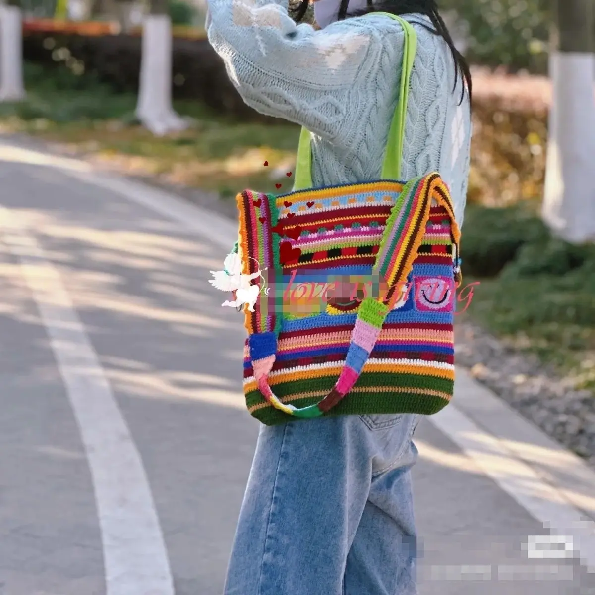 Handmade finished hook woven retro colored woven shoulder bag with patchwork color shoulder crossbody, shipped in 10-15 days