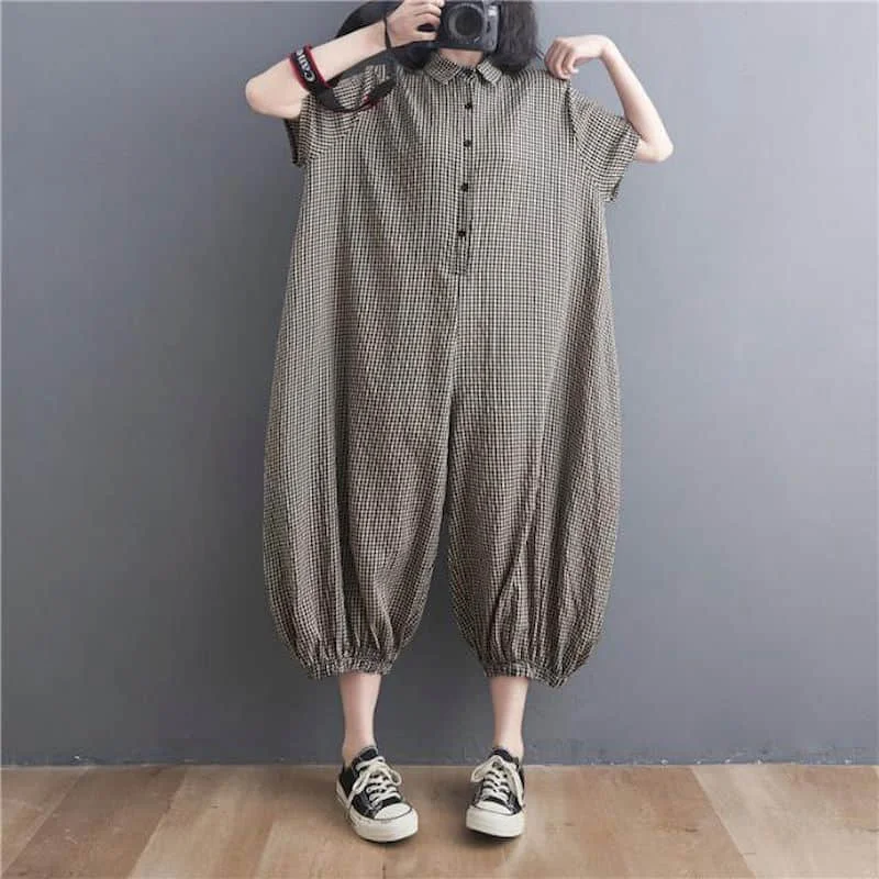 Baumwolle Leinen Overalls lässig Sommer Polo-Ausschnitt Plaid Kurzarm koreanische Mode einteilige Outfits Frauen Kleidung lose Stram pler