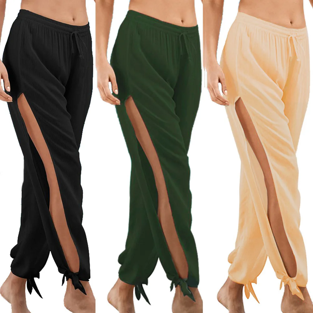 High Slit Hippie Harem Pants Sport Leggings Women Gym Clothing Casual Solid Hollow Elastic Waist Workout Wide Leg Pants Trousers