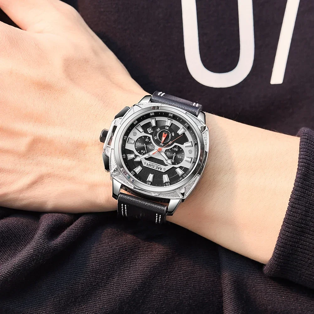 Mens นาฬิกา MEGIR แฟชั่นกีฬา Chronograph แบรนด์หรูกันน้ํานาฬิกาผู้ชายนาฬิกาข้อมือควอตซ์แบบแอนะล็อก Relogio Masculino