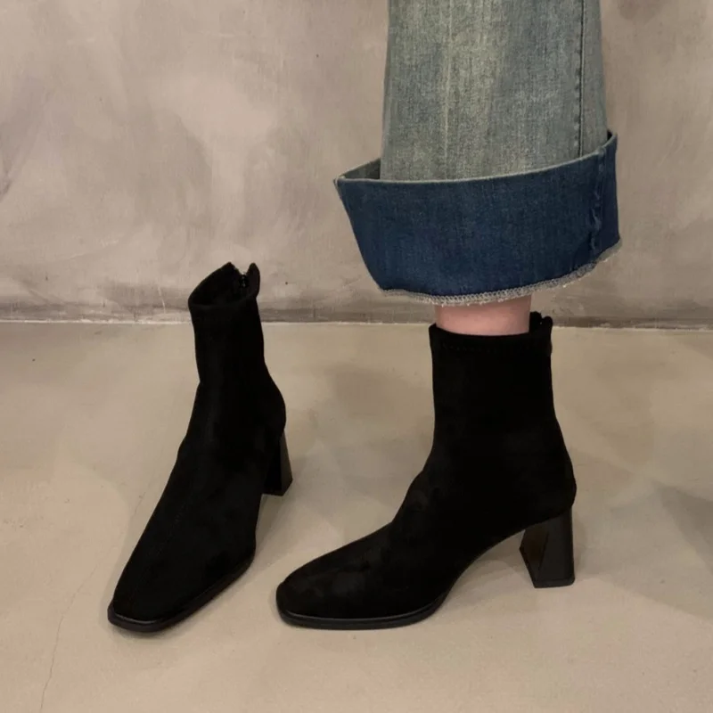 Modische neue quadratische Kopf Sexy Wildleder Casual Arbeitsstiefel für den Winter bequemer Reißverschluss Bankett elegante High Heels Damenstiefel – Detail 6