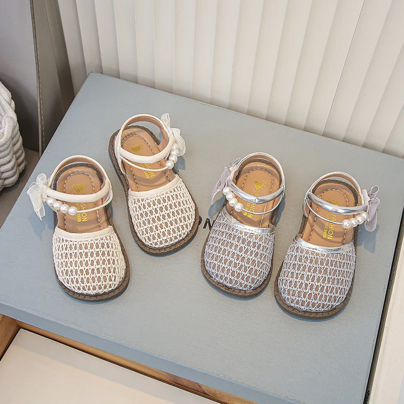 2026Girl's Sandals Breath-mesh Braided Adorable Summer Kids Sliders Bowtie Beige Sliver Round Toe All-match Childern Shoes 23-33