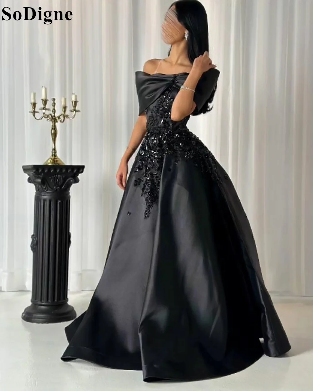 SoDigne Black A-Line Satin Evening Dresses Beading Appliques Off Shoulder 2024 Elegant Formal Occasion Party Prom Gown for Women