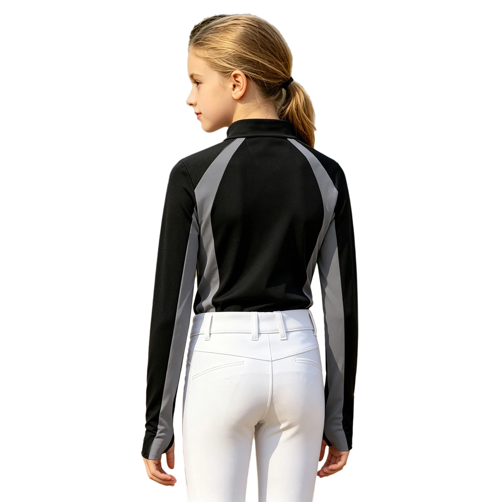 Kids Girls Equestrian Horse Riding Clothing Long Sleeve Half Zip Quick Dry Color Block Shirt Tops Horsemanship Golf Sportswear