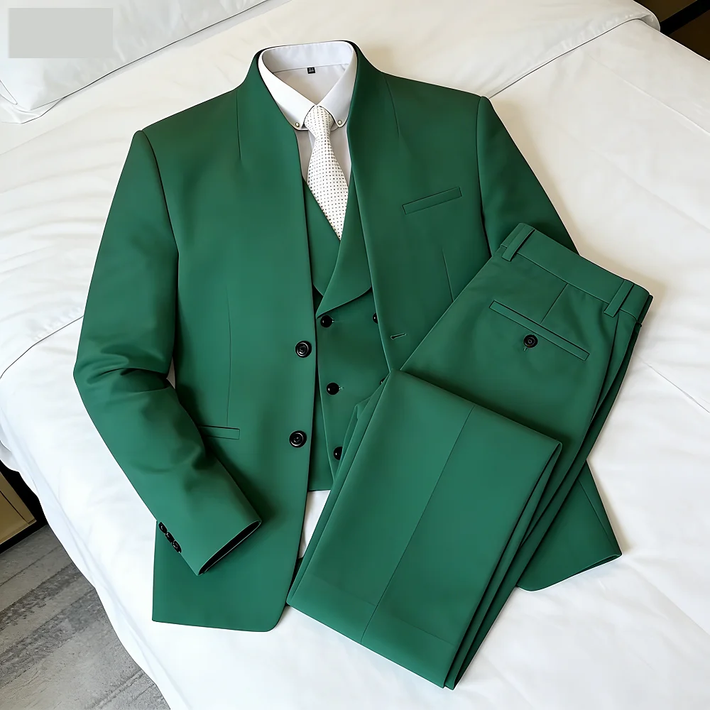 

Men's Woolen Suit Chinatown Style No-Collar Business Slim Fit 3-Piece Set Formal Wedding Terno Masculino