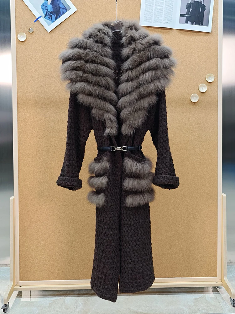 New Arrival Women Winter Coffee Big Real Fox Fur Collar Sweater Coat Lady's Thick Slim Belt Sweater Knitted Coat