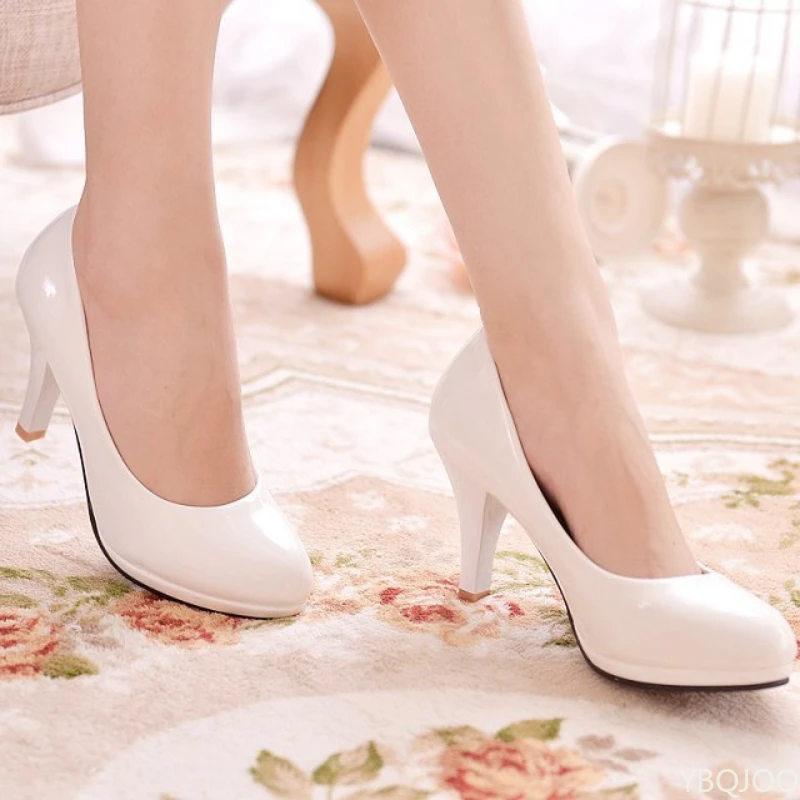 Women\'s New Fashion Shoes Ladies shallow mouth Leather shoes Elegant Round Toe High heels Female Wedding Party Pumps mujer