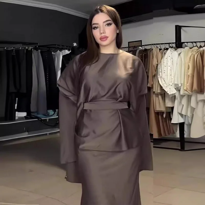 Nuevo vestido de manga larga con cuello redondo de primavera, conjunto de satén drapeado con lazo en la cintura y manga de murciélago