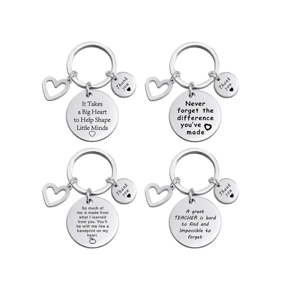 4Pcs Student Teacher Gift Stainless Steel Embossed Metal Keychain