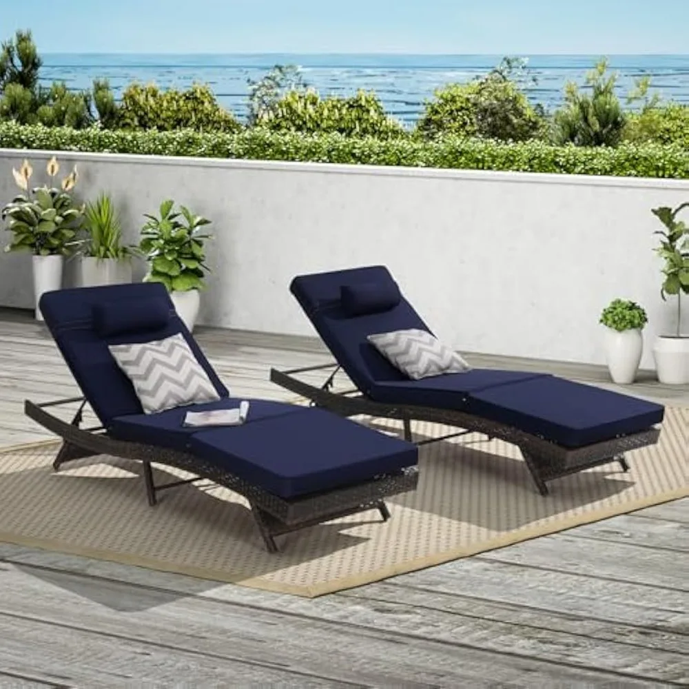 

Outdoor Long Reclining Chair Set of 2 with Cushions, PE Rattan Chaise Lounge with 5-Level Adjustable Backrest, Patio Recliner Ch