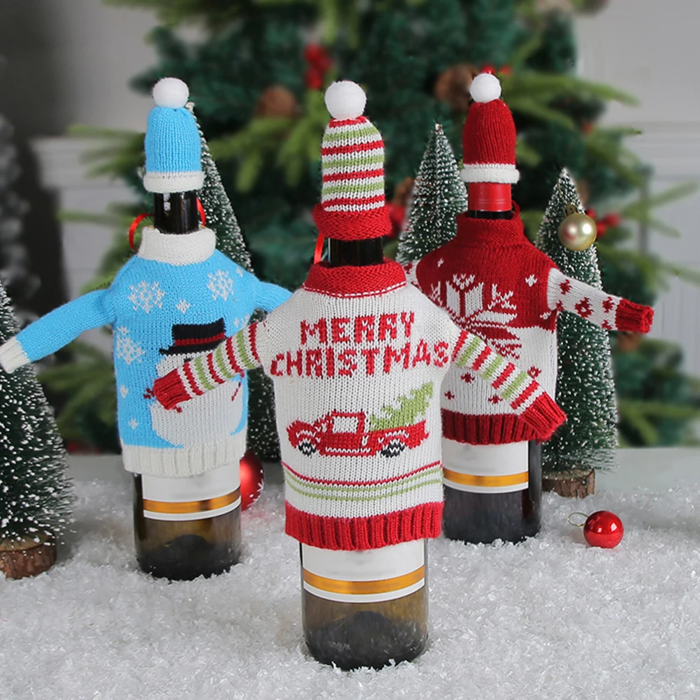 

Table Christmas Wine Bottle Decorations Tag Sticekr Sweater Red Knitting Covers