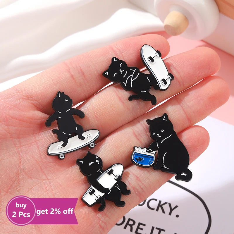 Skateboard Motion Cat Enamel Pins Custom Mysterious Black White Series Brooches Lapel Badge Cartoon Jewelry Gift for Kid Friend