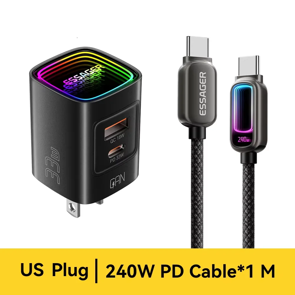 Essager GaN 33W USB Typ-C Ladegerät Tragbares PD-Schnellladegerät für iPhone 17 16 15 14 Pro Max iPad Xiaomi Samsung S25 RGB-Ladegerät