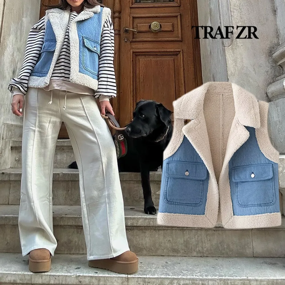 TRAF ZR Casual Autumn Female Vest Top Women Denim Lambswool Vests Woman Trend 2024 Notched Lapeled Sleeveless Winter Cardigan