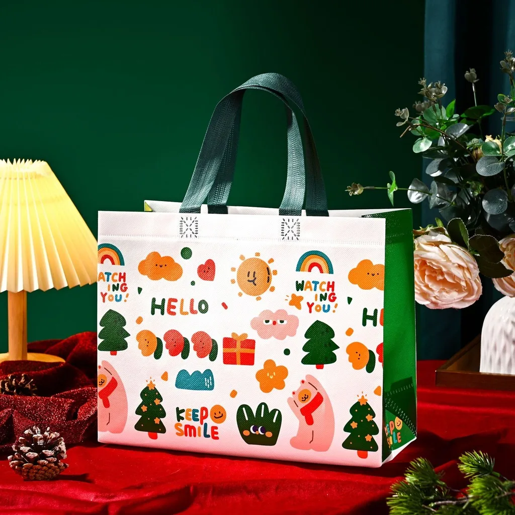 Non Woven Handbag Christmas Themed Gift Wrapping Bag Festive Printed Bag Holiday Reusable Gift Tote Bag For Festival Favor