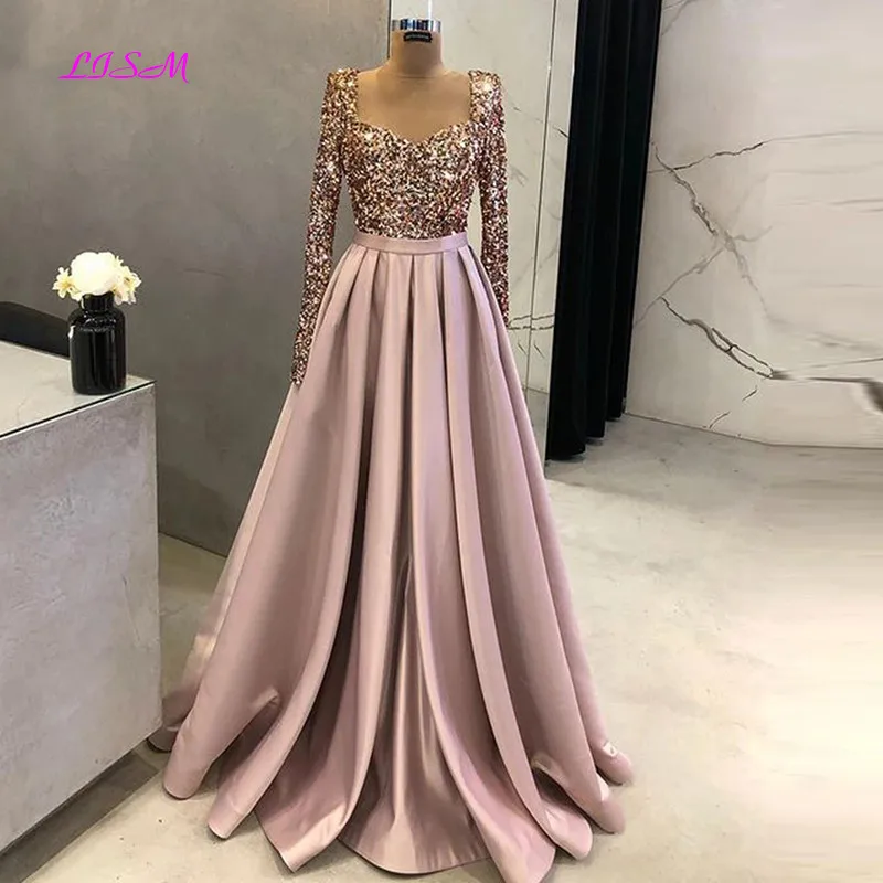 Elegante Pailletten Abendkleider 2022 für Frauen Langen Ärmeln Liebsten A-Line Satin Hochzeit Prom Formale Party Kleider Party Nacht