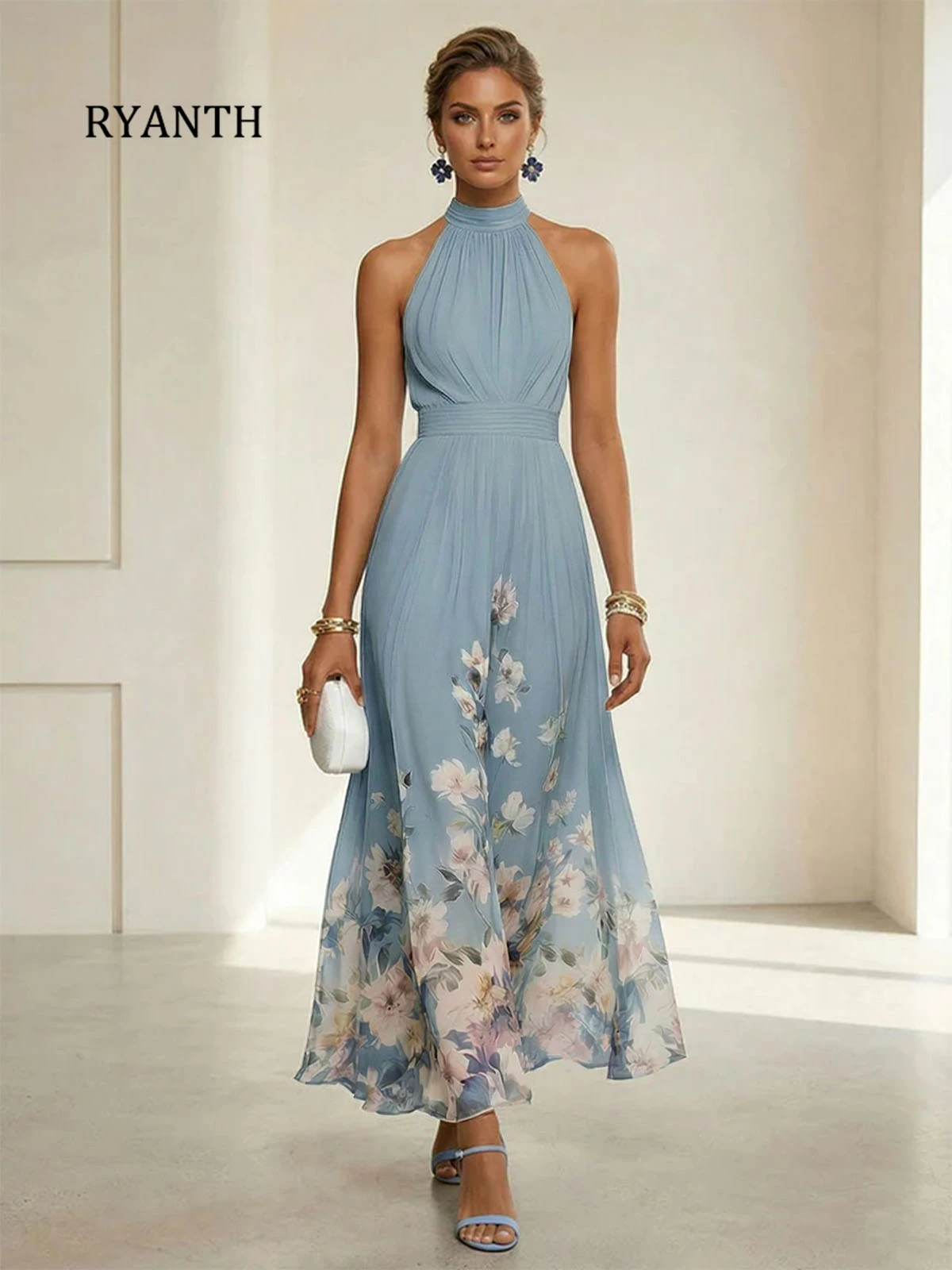 RYANTH Halter Mother of the Bride Dresses for Women Long Printed Flower Pleated Chiffon Formal Dress A Line Evening Gown Custom