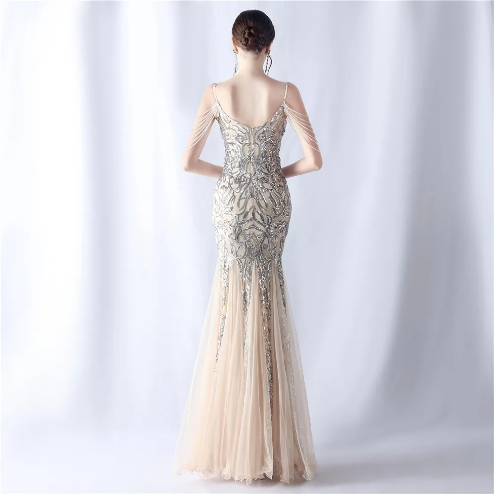 DEERVEADO Luxury Evening Dress with Beads Women\'s Mermaid V Neck Sequin Party Maxi Dress Strap Formal Occasion Dress for Prom