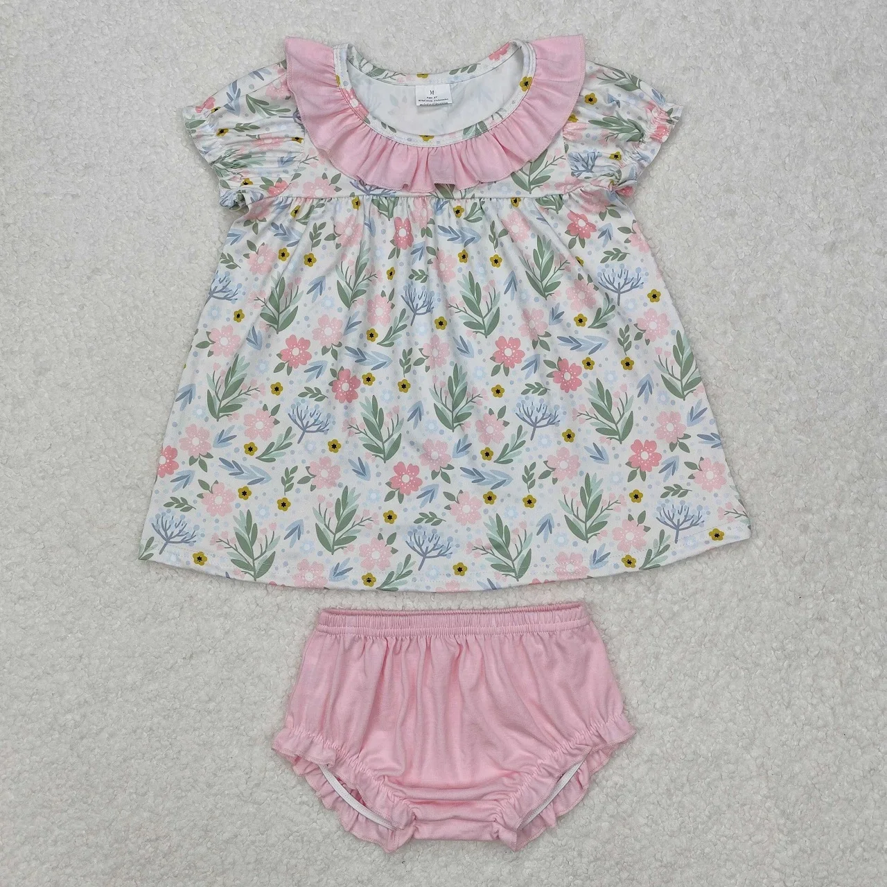 Wholesale Infant Floral Outfit Children Short Sleeves Pink Flower Ruffle Tunic Kids Bummie Shorts Baby Girl Toddler Set Clothing