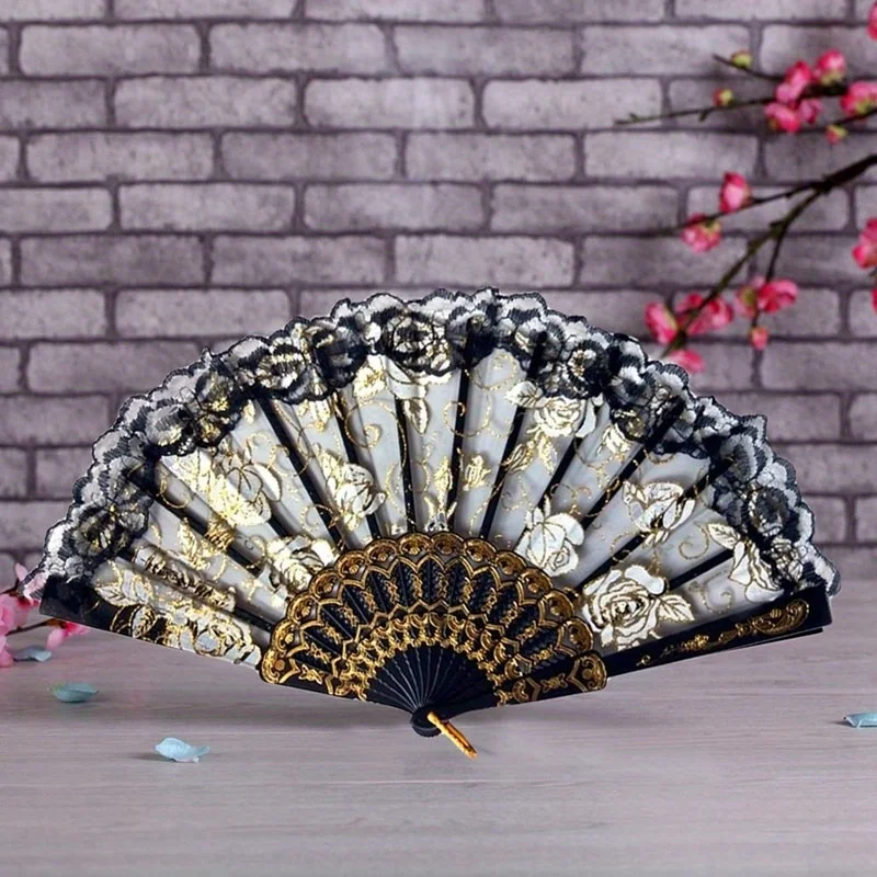 1PC Rose Lace Fan Dance Wedding Party Bride Hand Fan Gypsy Style Folding Fan Decoration