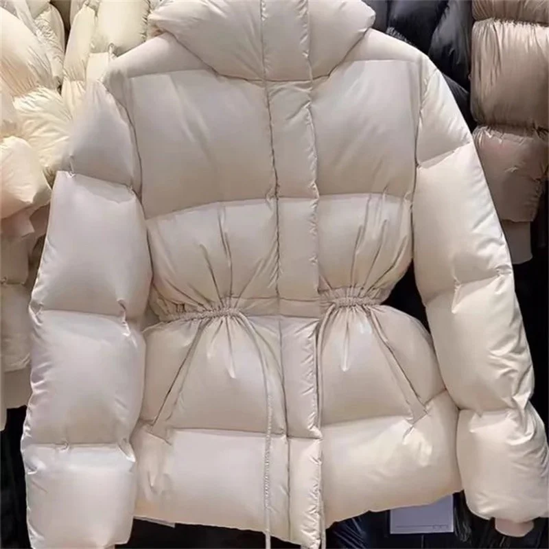New 2025 Autumn Winter Lightweight Warm Cotton Jacket Women Cotton Coat Hooded Drawstring Waist Cinching Slim Fashion Parka Coat