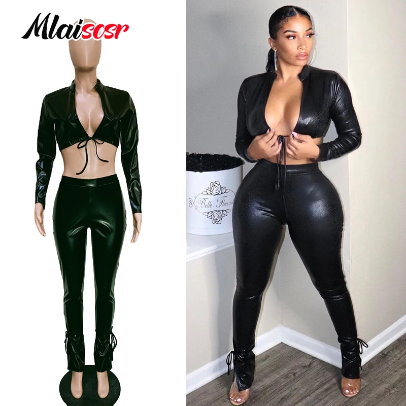 

Mlaiscsr Women's Sexy Moto Biker PU Faux Leather 2-Piece Set Long Sleeve V-Neck Crop Top And Pencil Pants Autumn Street Outfits
