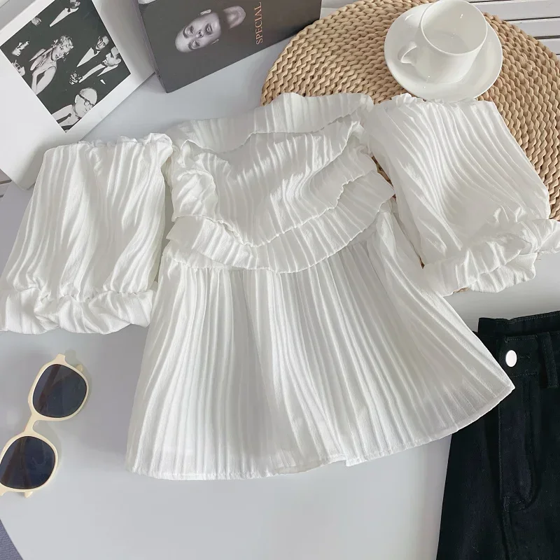 Gaganight Women French Bra Pleated One line Collar Off Shoulder Shirt Summer Strapless Puff Sleeve Short Shirt Top Female