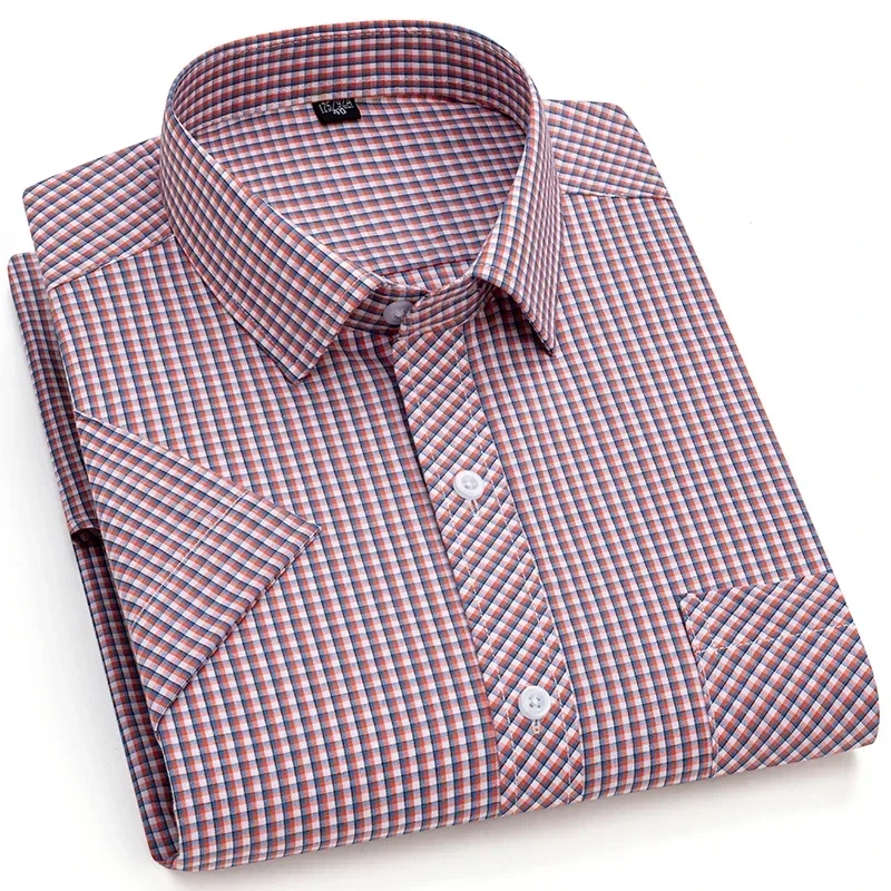 Summer 100% Cotton Business Casual Thin Shirt Slim Fit  Mens  Plaid Short Sleeve Shirts Pocket Button Down Workwear Shirts