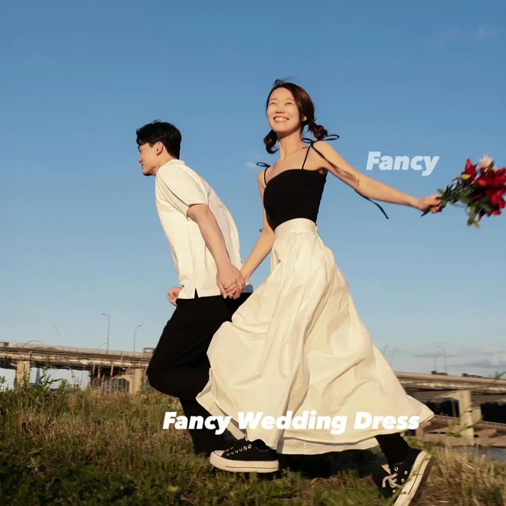 

Fancy Simple Color Blocking Korea Wedding Dress A Line Spaghetti Straps Bridal Gown Back Corset Customized