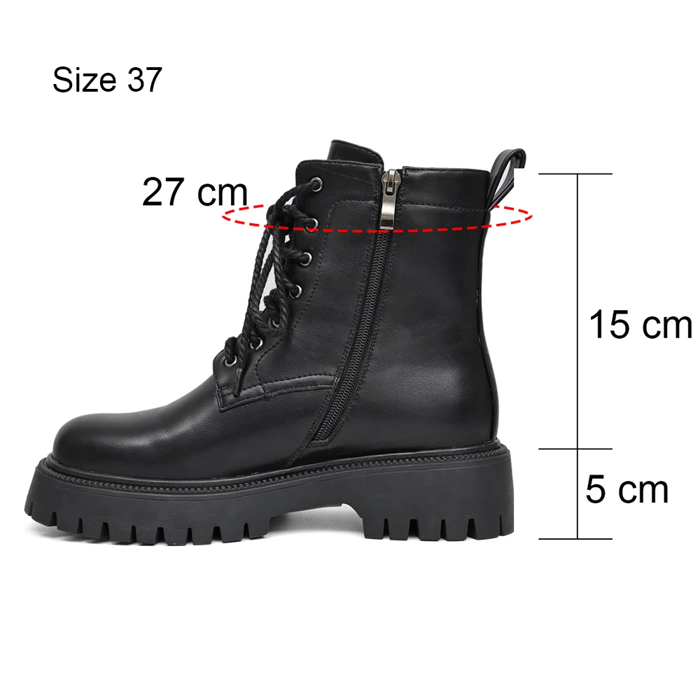 RIZABINA Ankle Boots For Women Genuine Leather Winter Warm Long Plush Platform Boots Lace Up Outdoor Non-slip Motorcycle Boots