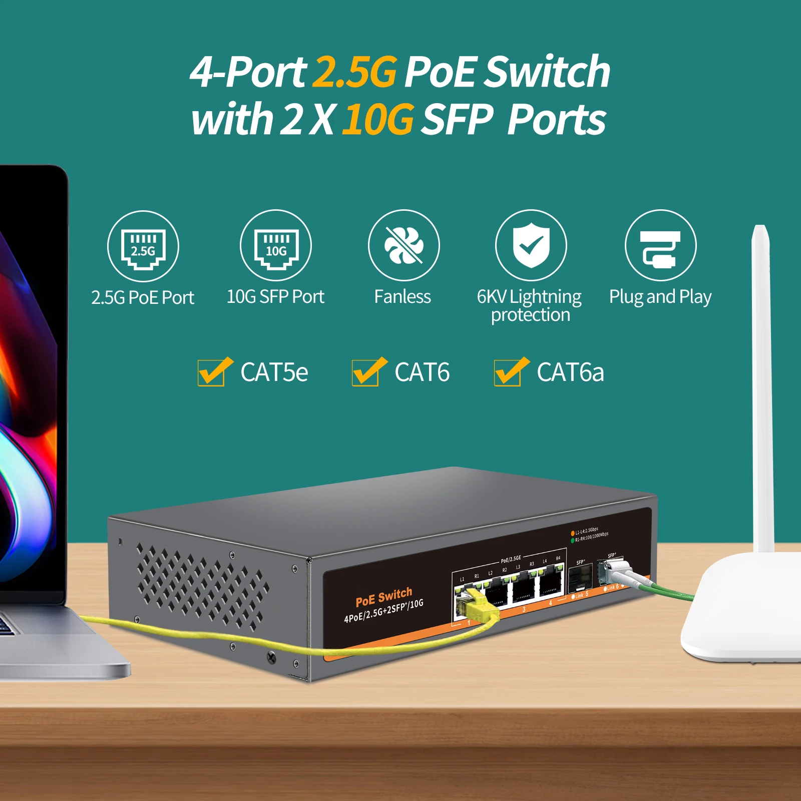 6 Port PoE Network Switch Unmanaged 4*2.5G Base-T PoE Ports 2*10G SFP IEEE802.3af/at 78W Compatible with 100/1000/2500Mbps