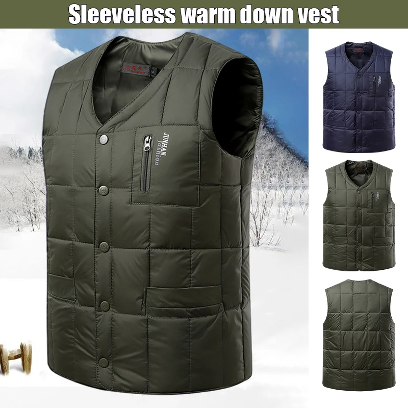 2024 Autumn Winter Men Jacket Vest Man Middle-Aged And Elderly Plus Size Lightweight V-neck Vest Lining Warm Dad Wear