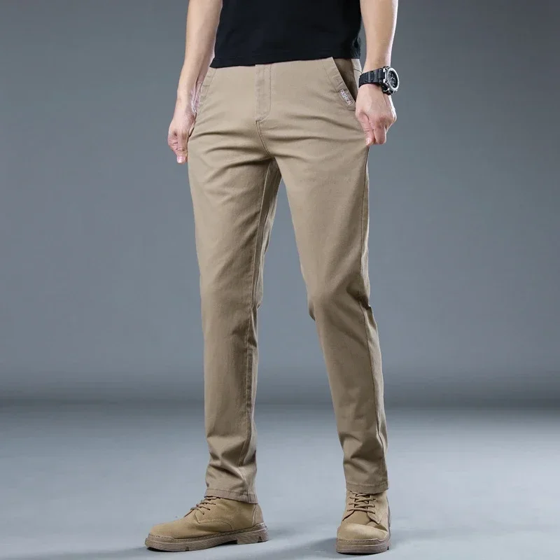 Spring Autumn Winter Pure Cotton Casual Slim Pants New Men\'s All Match Loose Straight Long Man 2023 Clothing Grey Khaki