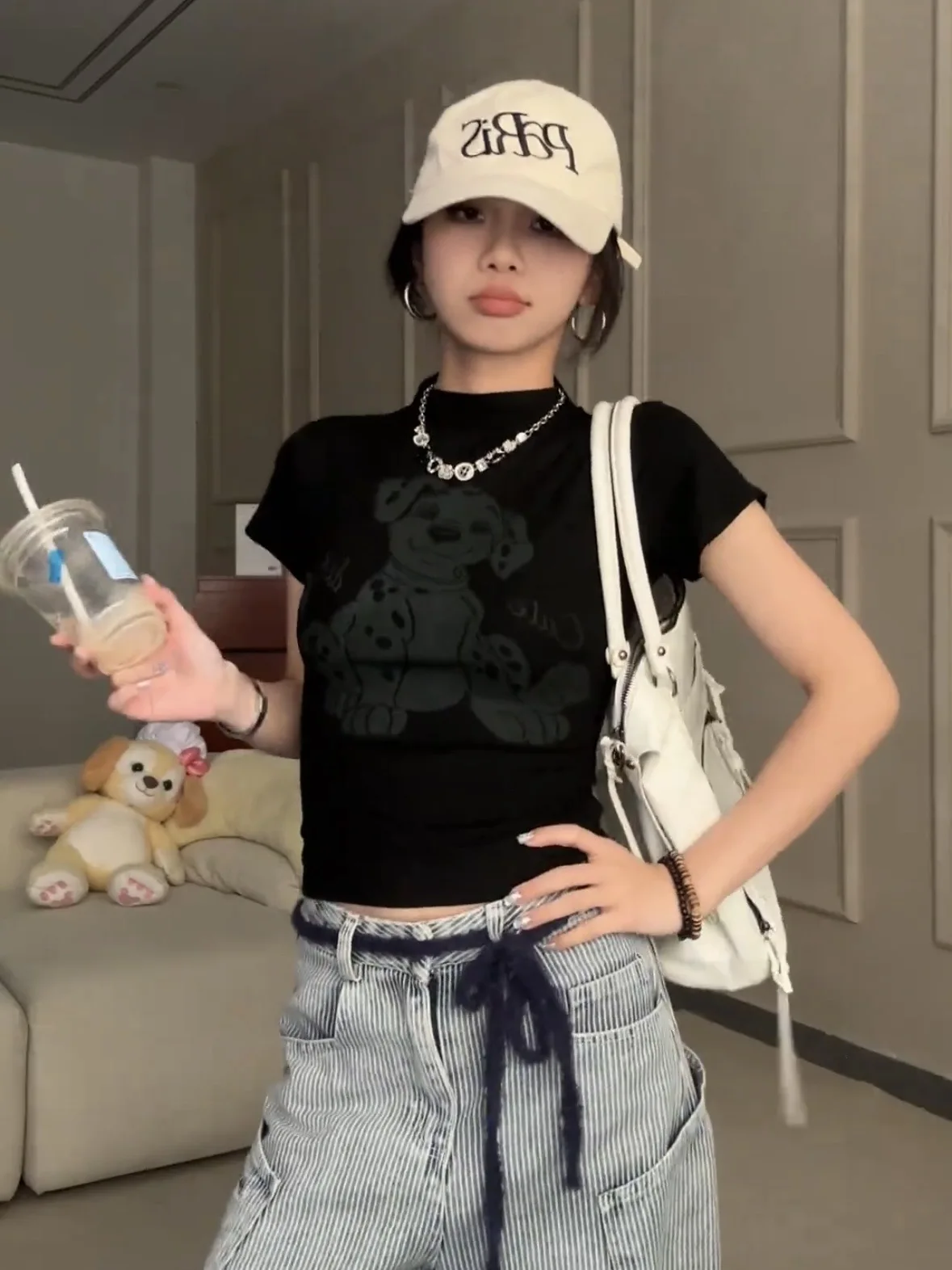 

Retro American Bla f High Collar ort Sve T-irt Women Summer Small Size Spicy Dog Slim Faion Top Korean Sle Co...