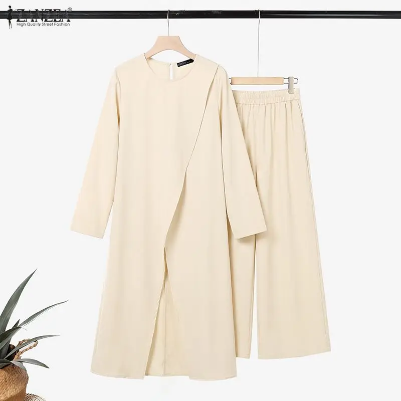 VONDA Casual Sets Zweiteilige Outfits Damen Langarm-Split-Top Weite Hose Einfarbig Vintage Herbst Büroanzüge